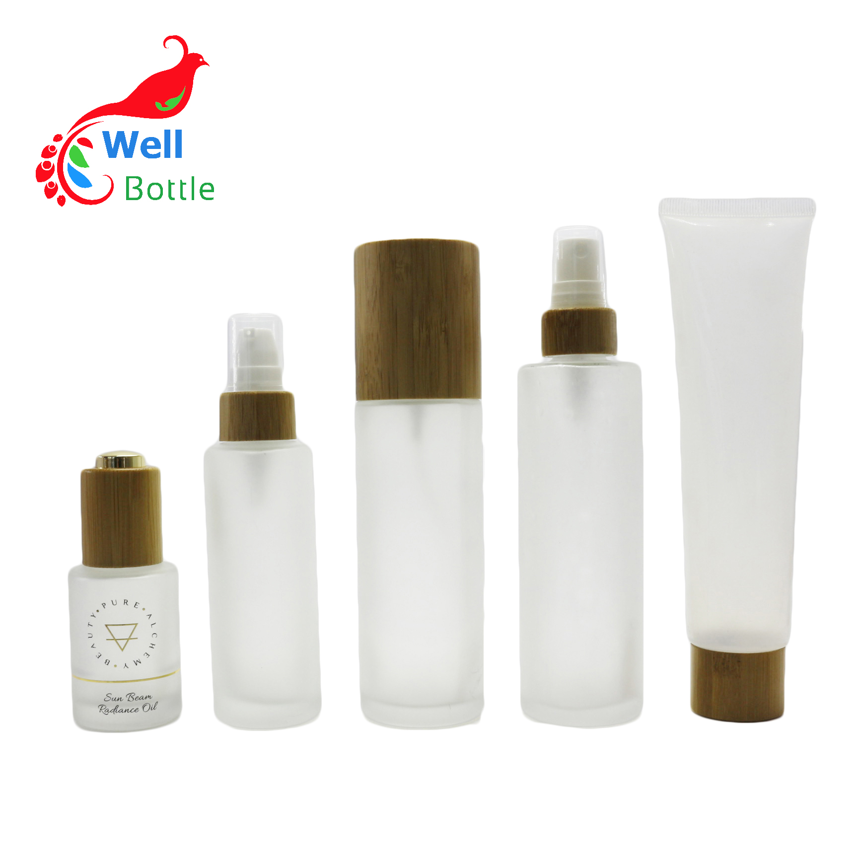Cosmetic frosted glass cream jar lotion spray pump bottle friendly ecological bamboo lid wood cap skin care packaging BP410E