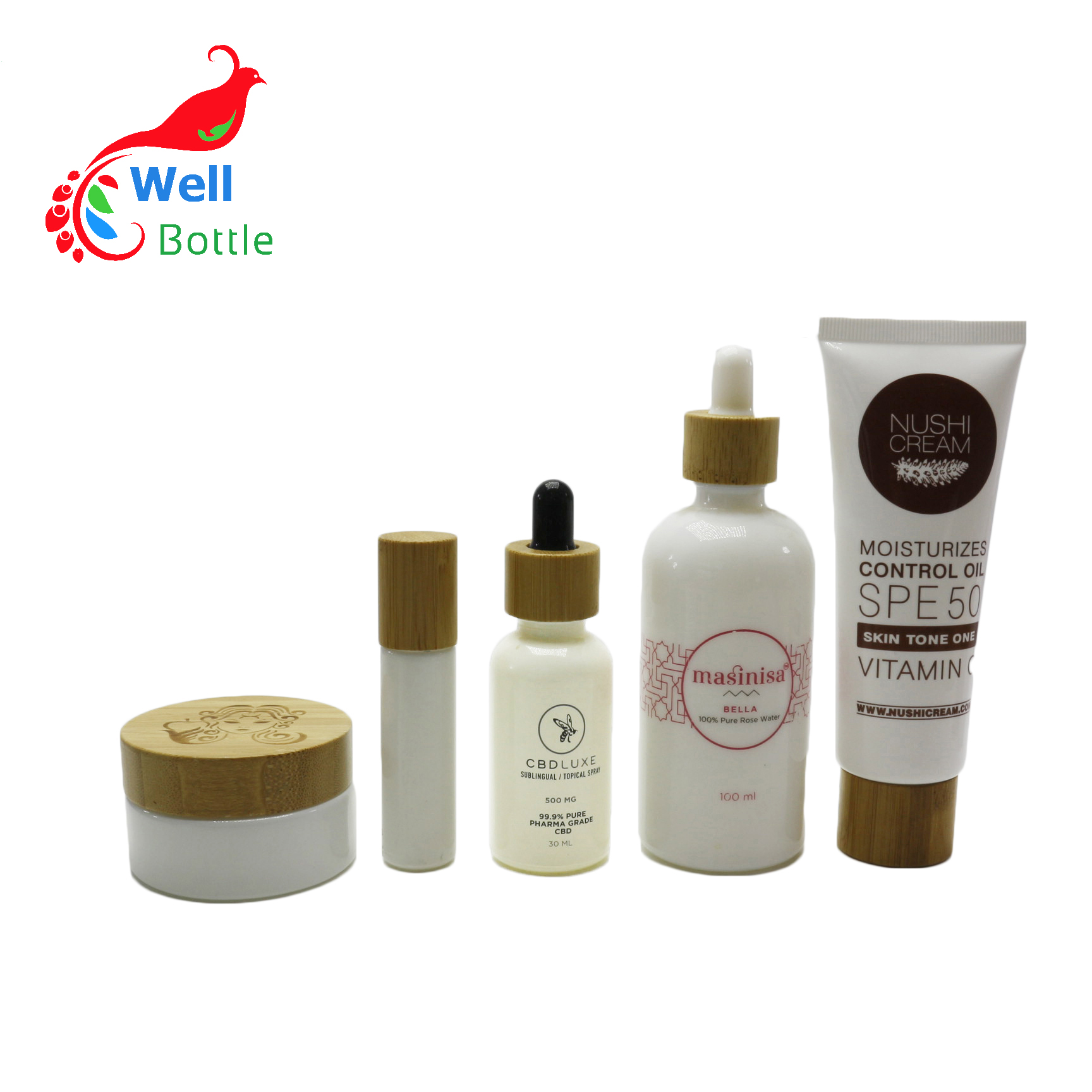 Cosmetic frosted glass cream jar lotion spray pump bottle friendly ecological bamboo lid wood cap skin care packaging BP410E