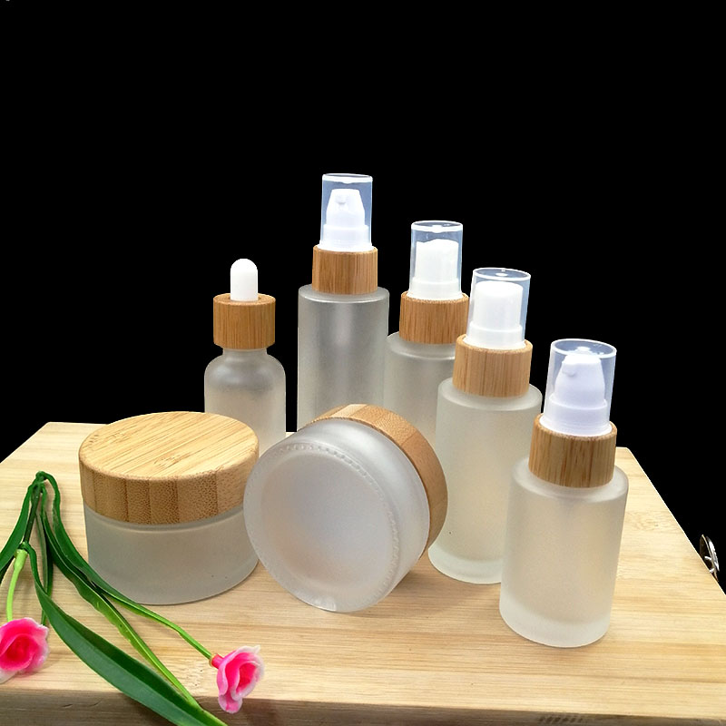 Cosmetic frosted glass cream jar  lotion spray pump bottle  friendly ecological bamboo lid wood cap skin care packaging