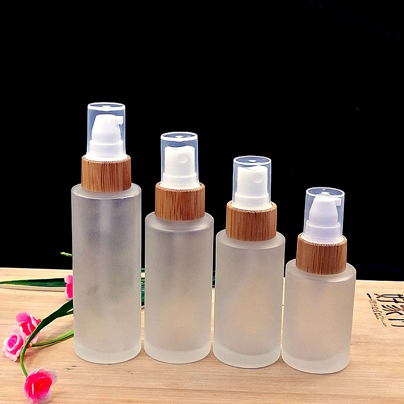 Cosmetic frosted glass cream jar lotion spray pump bottle friendly ecological bamboo lid wood cap skin care packaging