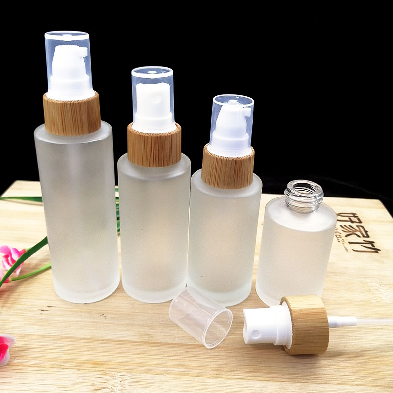 Cosmetic frosted glass cream jar lotion spray pump bottle friendly ecological bamboo lid wood cap skin care packaging