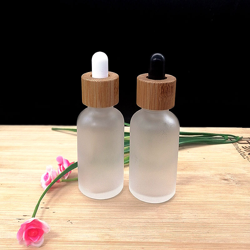 Cosmetic frosted glass cream jar lotion spray pump bottle friendly ecological bamboo lid wood cap skin care packaging