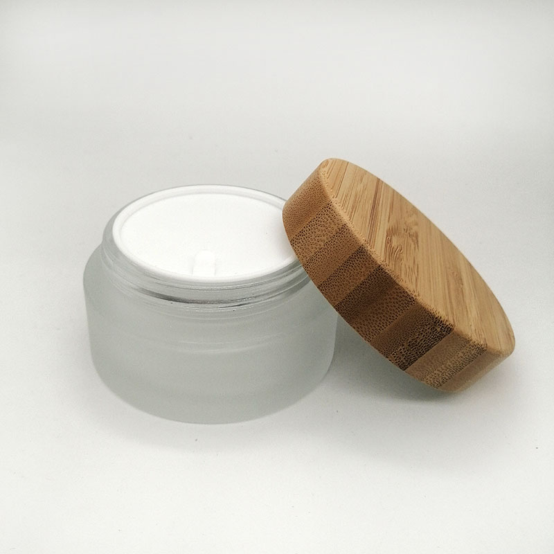 Cosmetic frosted glass cream jar lotion spray pump bottle friendly ecological bamboo lid wood cap skin care packaging