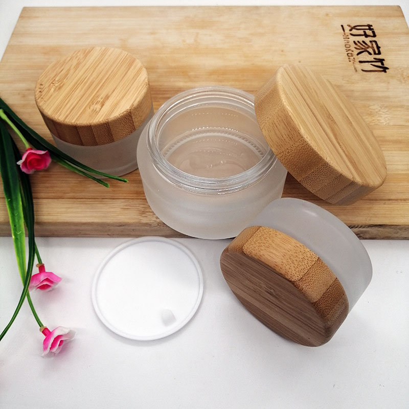 Cosmetic frosted glass cream jar lotion spray pump bottle friendly ecological bamboo lid wood cap skin care packaging