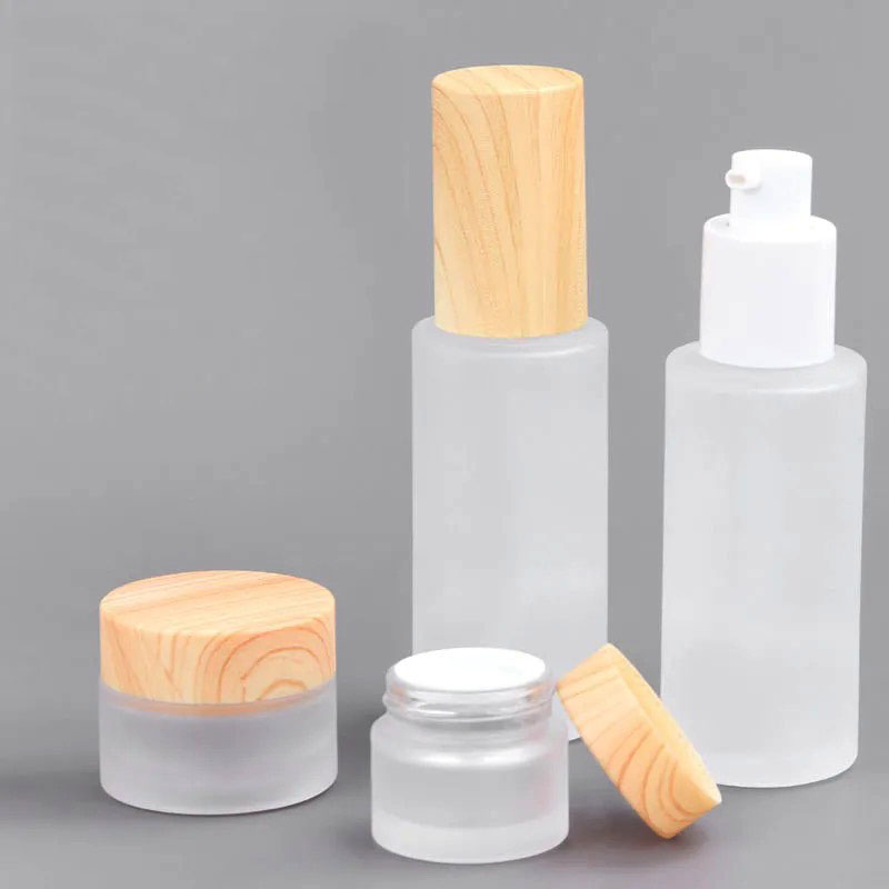 Cosmetic frosted glass cream jar lotion spray pump bottle friendly ecological bamboo lid wood cap skin care packaging