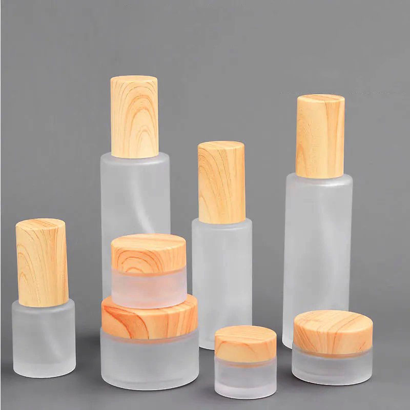 Cosmetic frosted glass cream jar lotion spray pump bottle friendly ecological bamboo lid wood cap skin care packaging