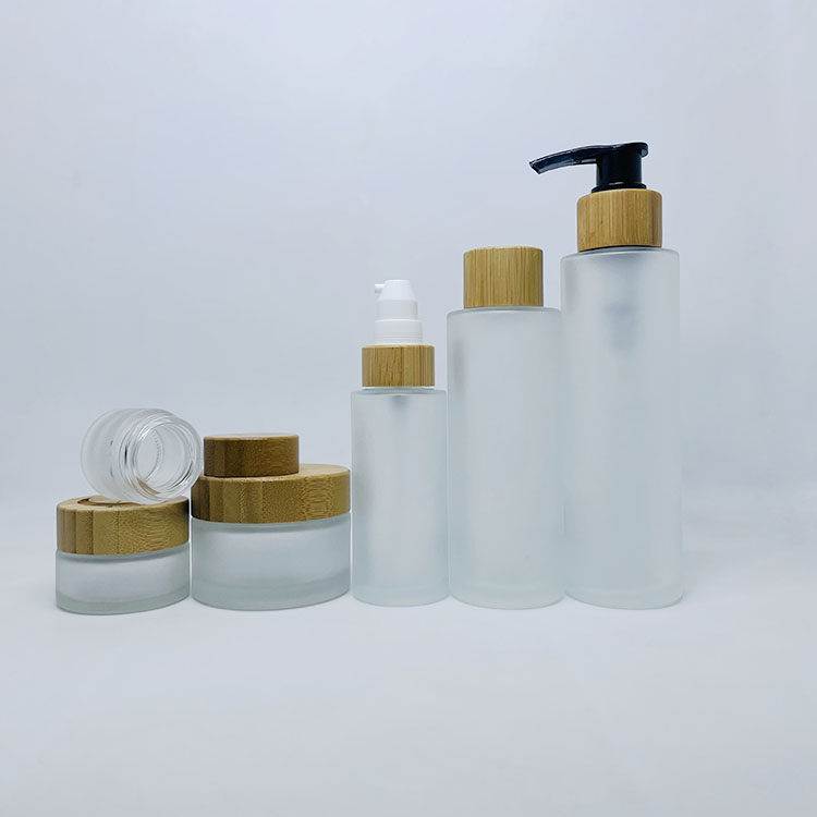 Cosmetic frosted glass cream jar lotion spray pump bottle friendly ecological bamboo lid wood cap skin care packaging