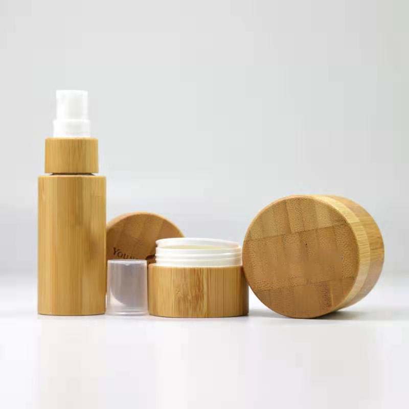 Cosmetic frosted glass cream jar lotion spray pump bottle friendly ecological bamboo lid wood cap skin care packaging