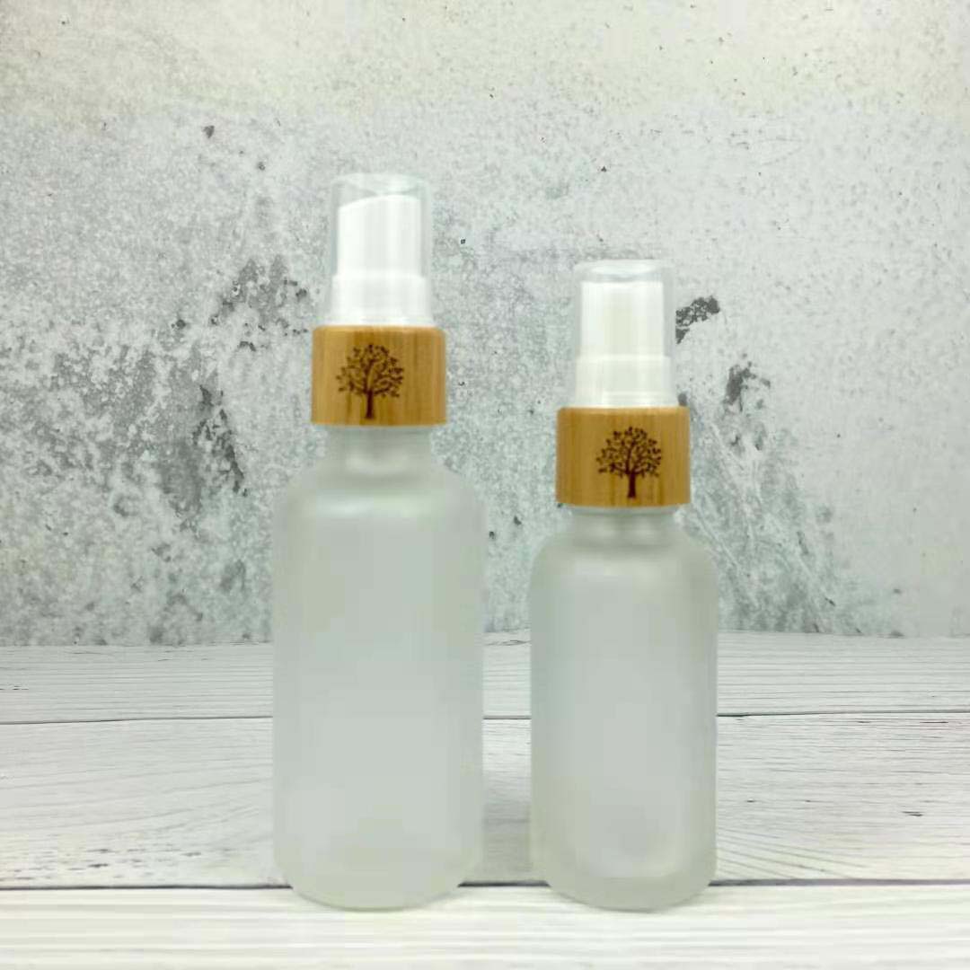 Cosmetic frosted glass cream jar lotion spray pump bottle friendly ecological bamboo lid wood cap skin care packaging
