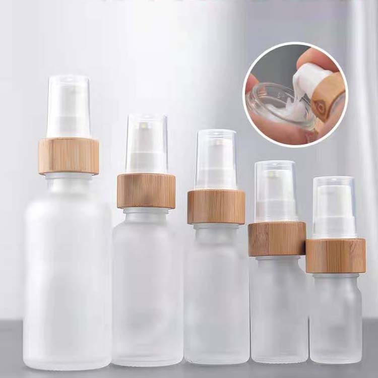 Cosmetic frosted glass cream jar lotion spray pump bottle friendly ecological bamboo lid wood cap skin care packaging