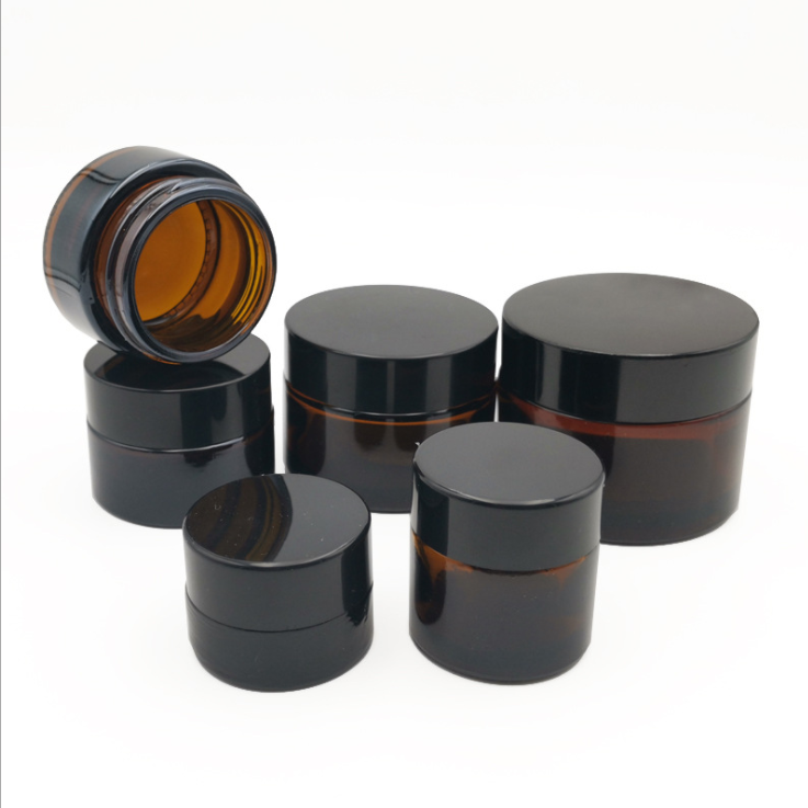 Cosmetic glass amber jar and glass amber jar for candle with aluminum cap and black plastic screw cap