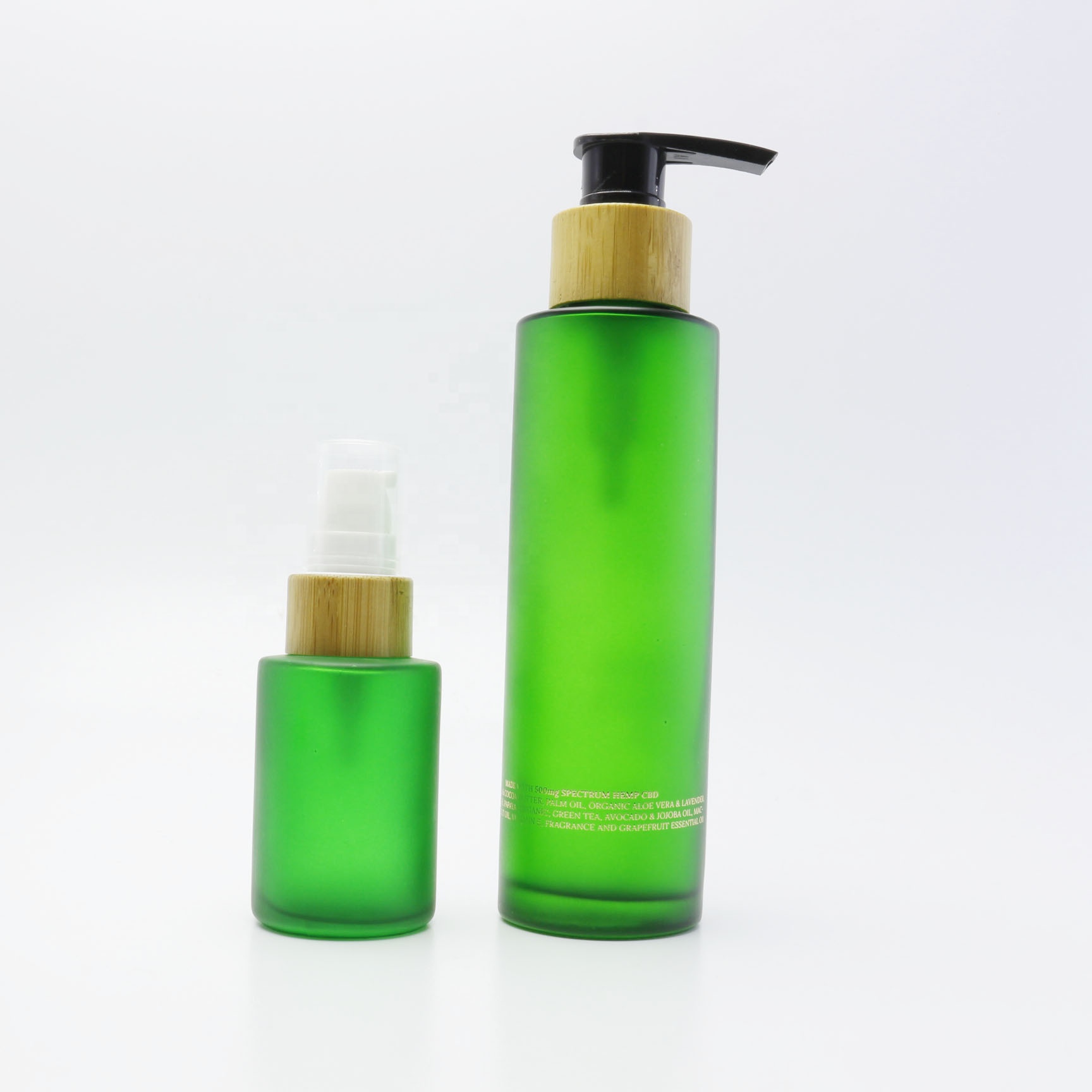 Cosmetic glass frosted green bottles with bamboo wooden lids GB-257K