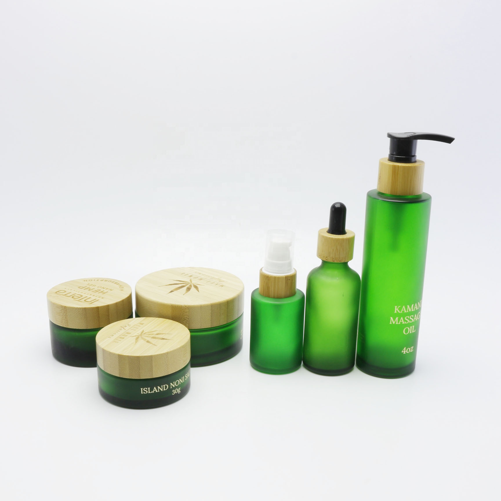 Cosmetic glass frosted green bottles with bamboo wooden lids GB-257K