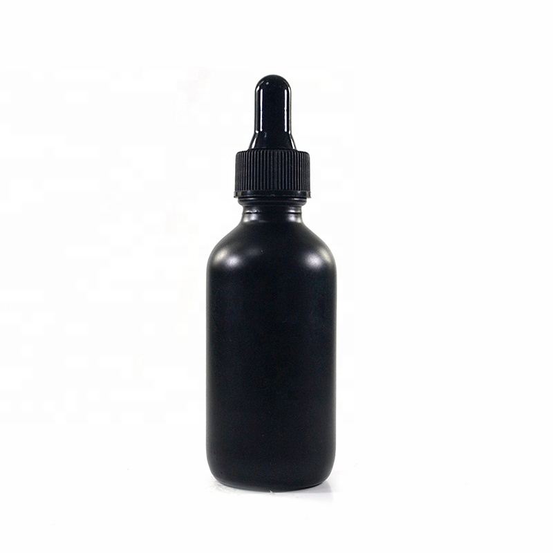 Cosmetic hair oil packaging 1oz 2oz 60ml matte black frosted glass boston round bottle with childproof screw cap