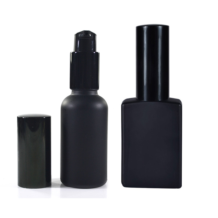 Cosmetic lotion  bottle Round Rectangle matte black violet 30ml 50ml 100ml serum glass bottle with black pump caps