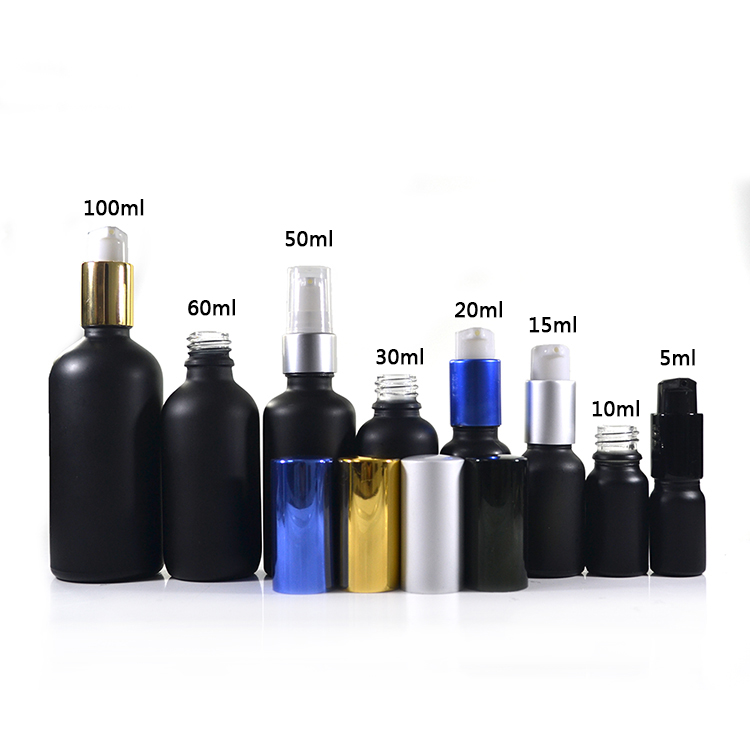 Cosmetic lotion bottle Round Rectangle matte black violet 30ml 50ml 100ml serum glass bottle with black pump caps