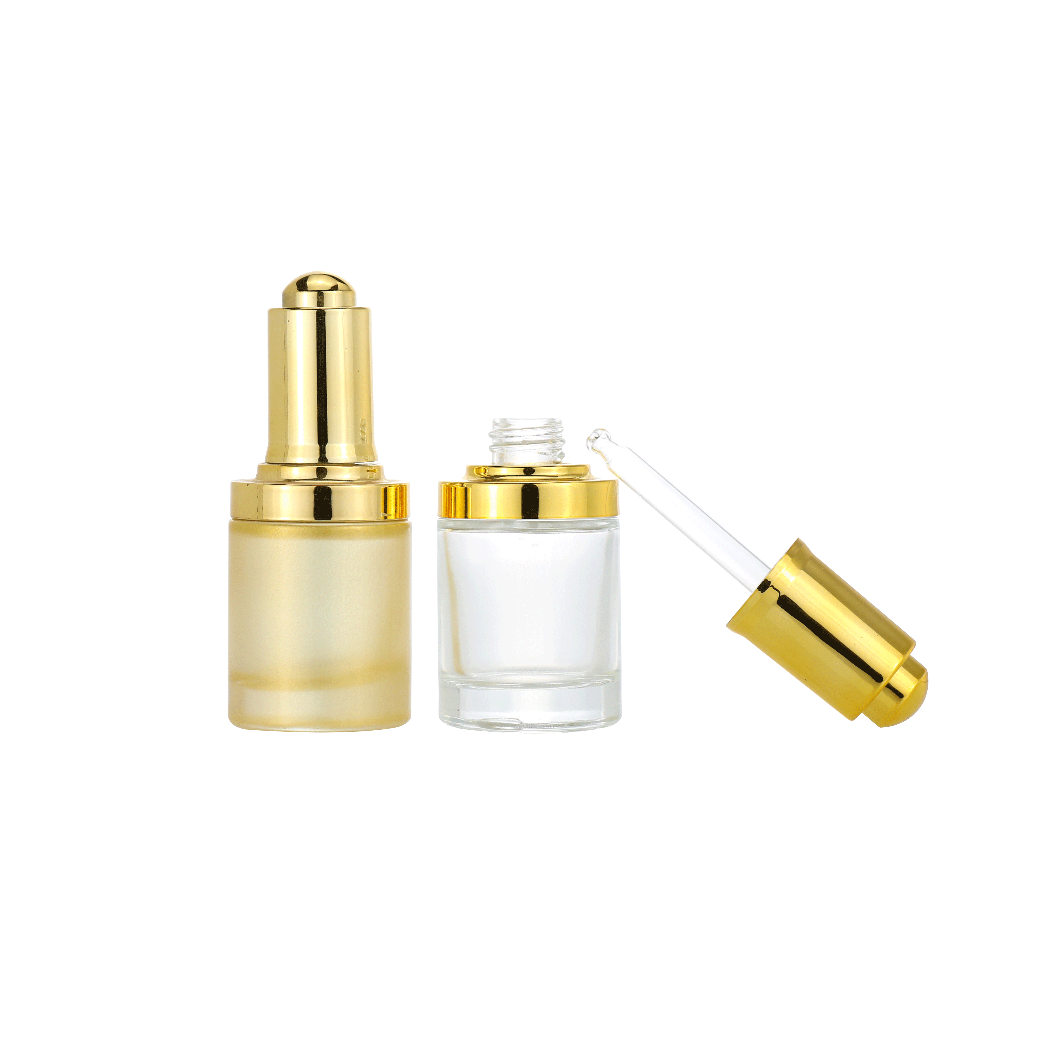 Cosmetic luxury gradient green clear face serum 30ml gold push button press pump dropper bottles glass essential oil dropper