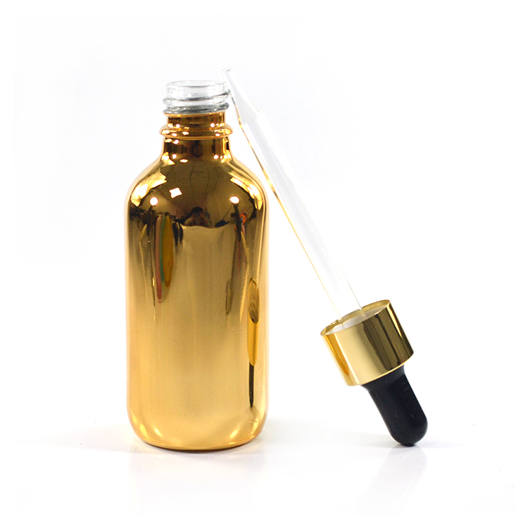 Cosmetic oil 10ml 15ml 30ml 60ml 120ml silver gold plating essential oil glass dropper bottle with gold silver aluminum cap
