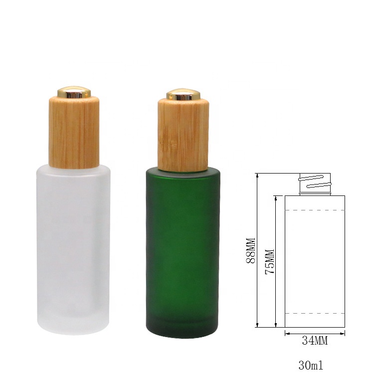 Cosmetic oil bottle green frosted 1oz 30ml flat shoulder glass bottle with bamboo pump cap