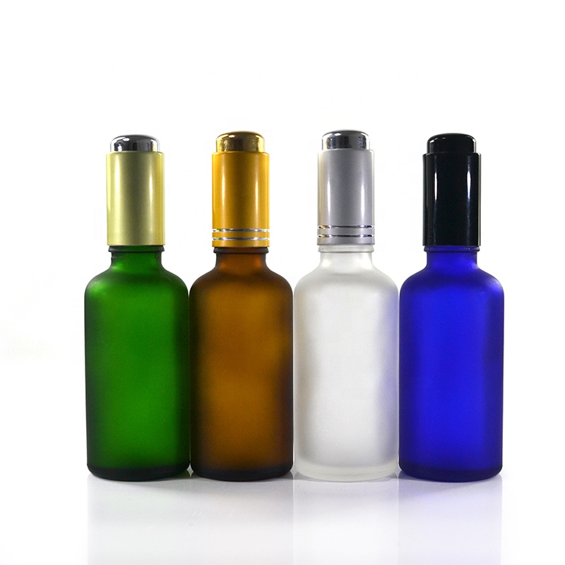 Cosmetic oil bottle green frosted 1oz 30ml flat shoulder glass bottle with bamboo pump cap