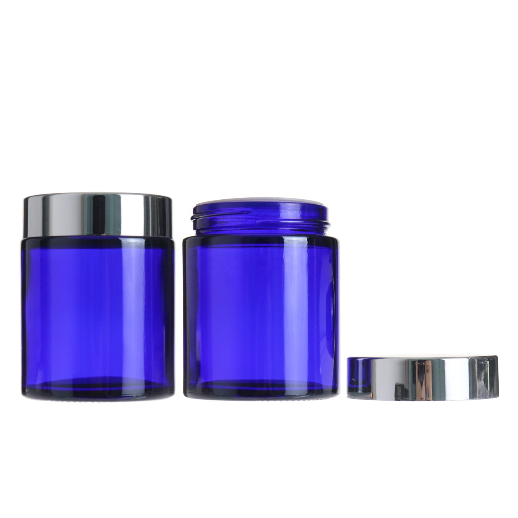 Cosmetic packaging 100g blue skincare cream glass jar with silver lid