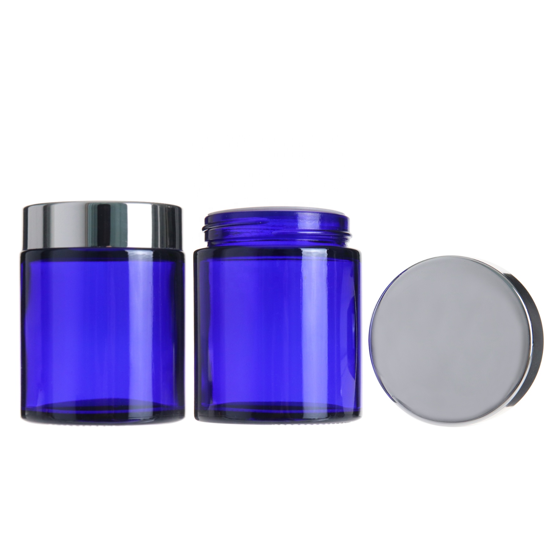 Cosmetic packaging 100g blue skincare cream glass jar with silver lid