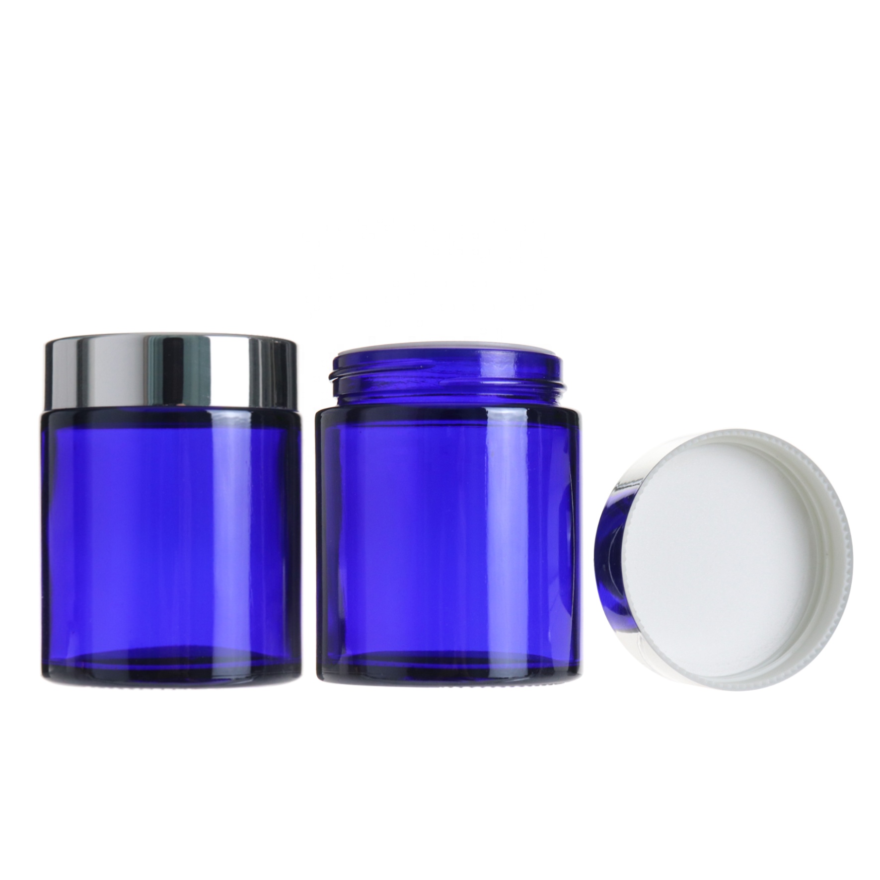 Cosmetic packaging 100g blue skincare cream glass jar with silver lid