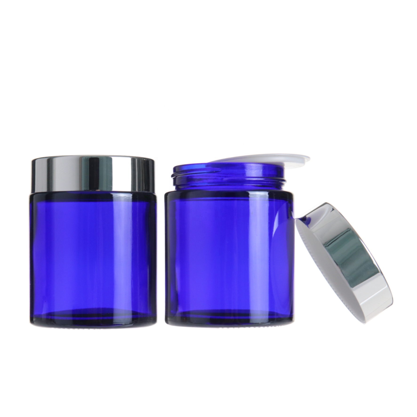 Cosmetic packaging 100g blue skincare cream glass jar with silver lid