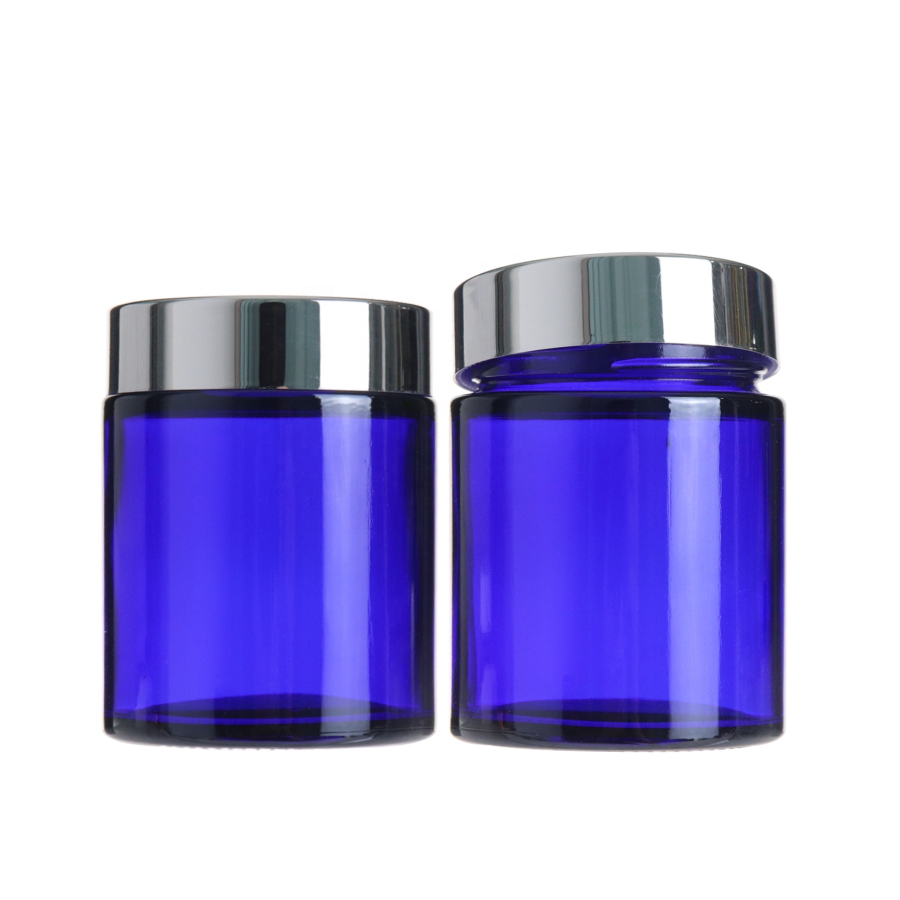 Cosmetic packaging 100g blue skincare cream glass jar with silver lid