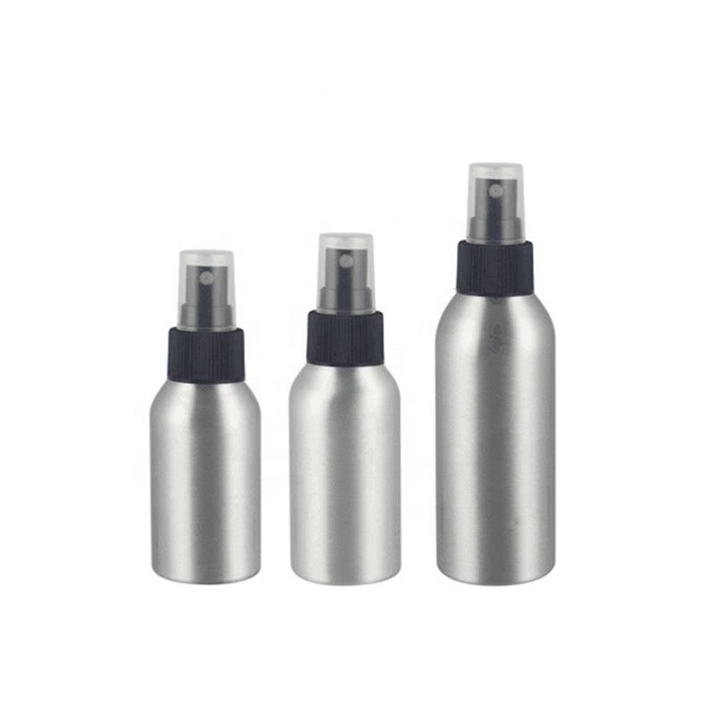 Cosmetic packaging 100ml round red silver aluminum water spray bottle with black sprayer lid