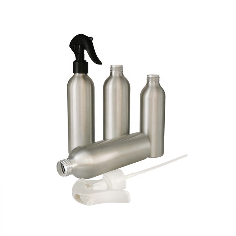 Cosmetic packaging 100ml round red silver aluminum water spray bottle with black sprayer lid