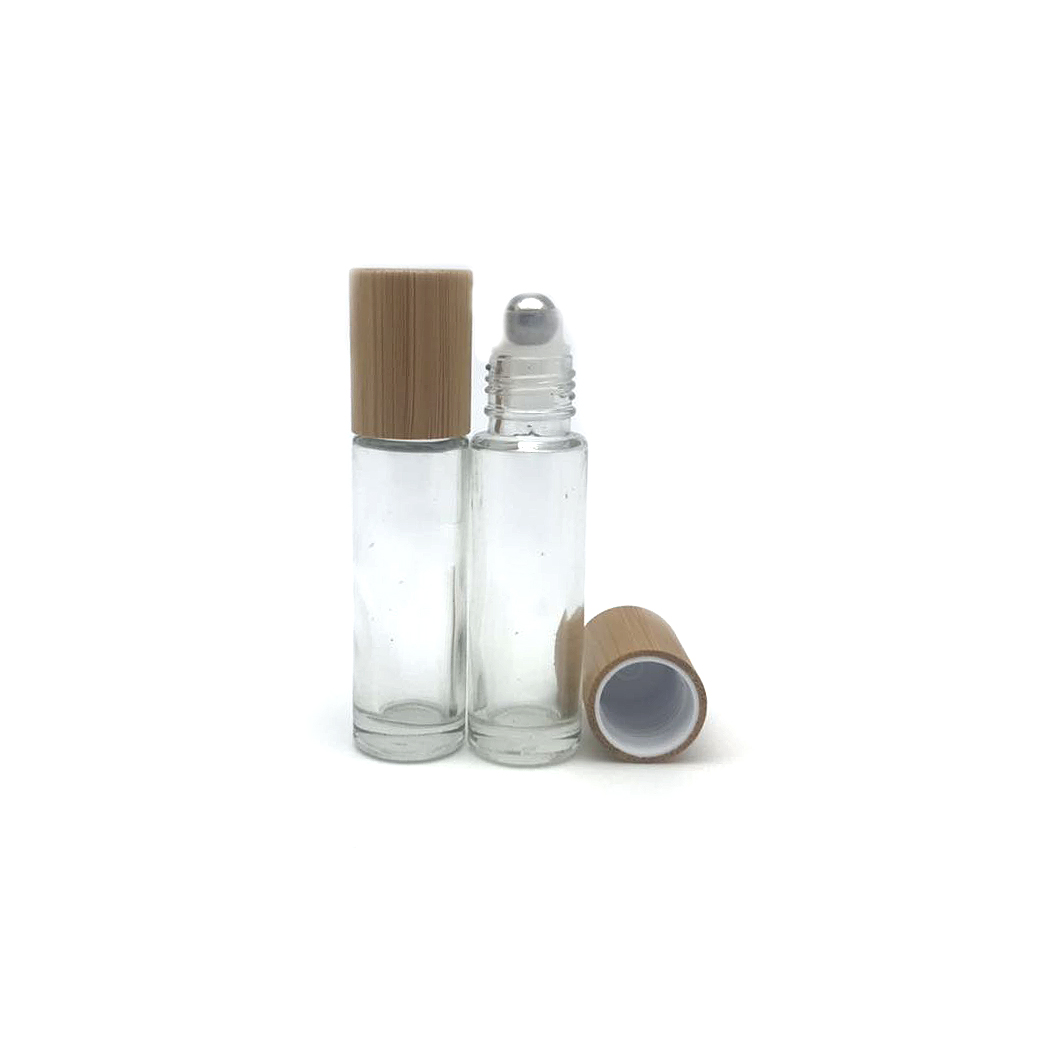 Cosmetic packaging 10ml roll on clear empty glass bottle with bamboo cap