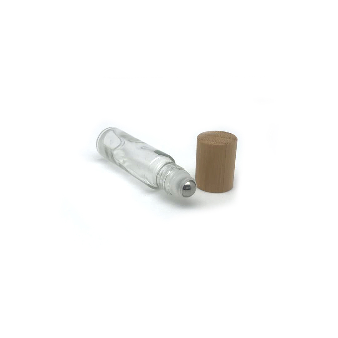 Cosmetic packaging 10ml roll on clear empty glass bottle with bamboo cap