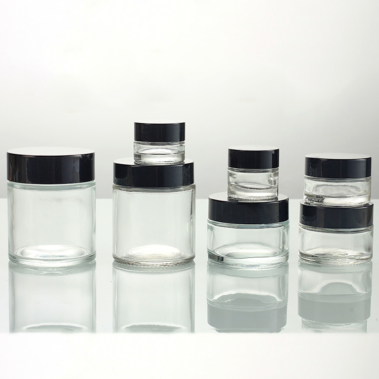 Cosmetic packaging 15g 30g 50g 100g round amber green blue black frosted clear glass cream jar with black gold aluminum cap