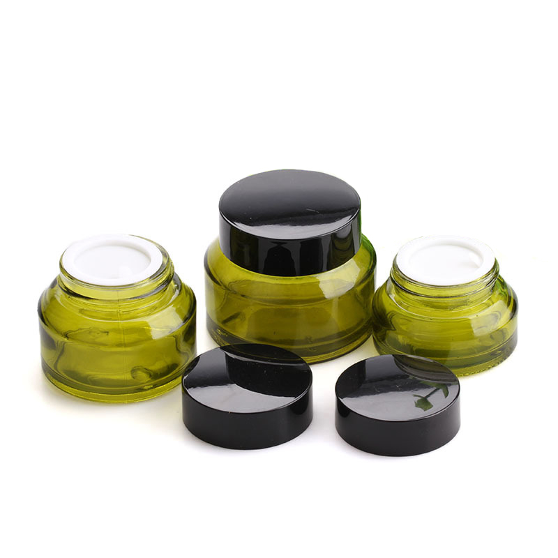 Cosmetic packaging 15g 30g 50g 100g shoulder green amber glass cream jar with black plastic cap