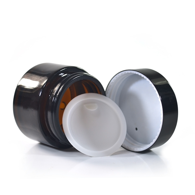Cosmetic packaging 15g 30g 50g matte frosted amber black glass cream jar with black metal lid