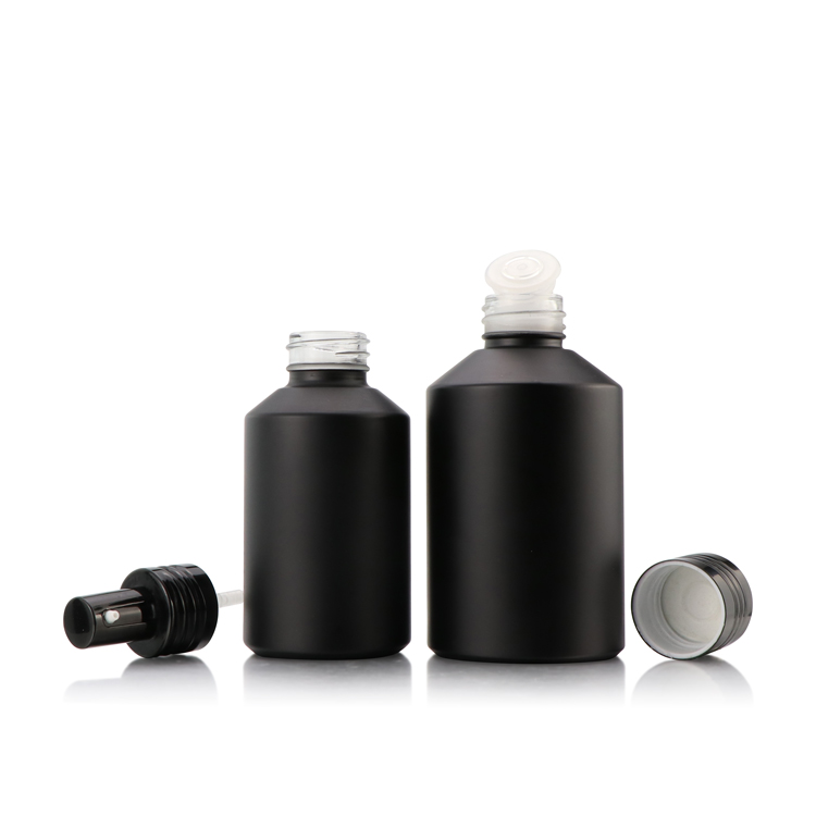 Cosmetic packaging 15ml 30ml 60ml 125ml 200ml black glass spray bottles full set frosted amber glass bottle with black pump