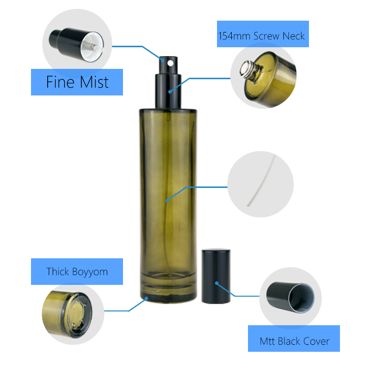 Cosmetic packaging 15ml 30ml 60ml 125ml 200ml green glass spray bottles olive green perfume bottles with cosmetic sprayer bottle