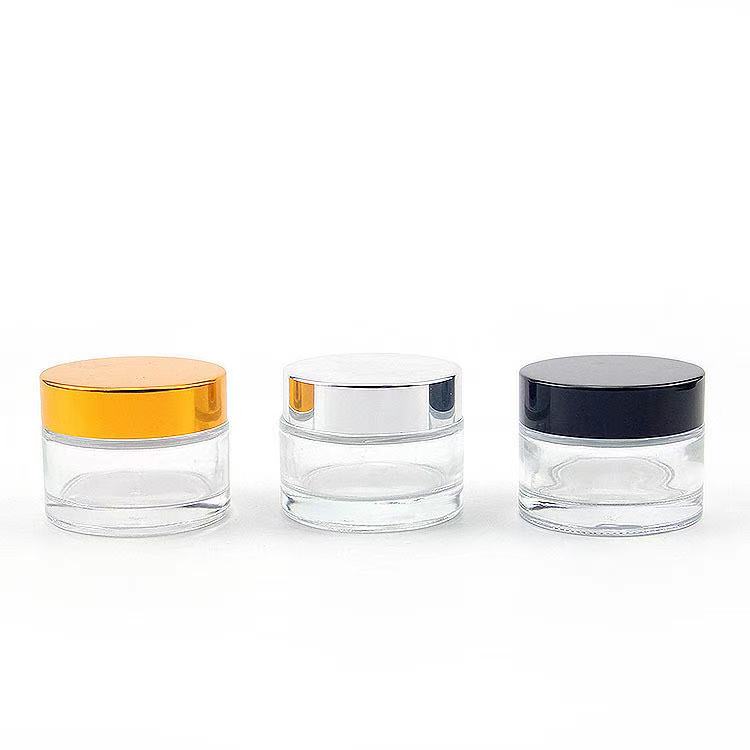 Cosmetic packaging 1oz 2oz 5g10g15g 30g 50g 100g glass cream cosmetic jar with Metallic plasticslid
