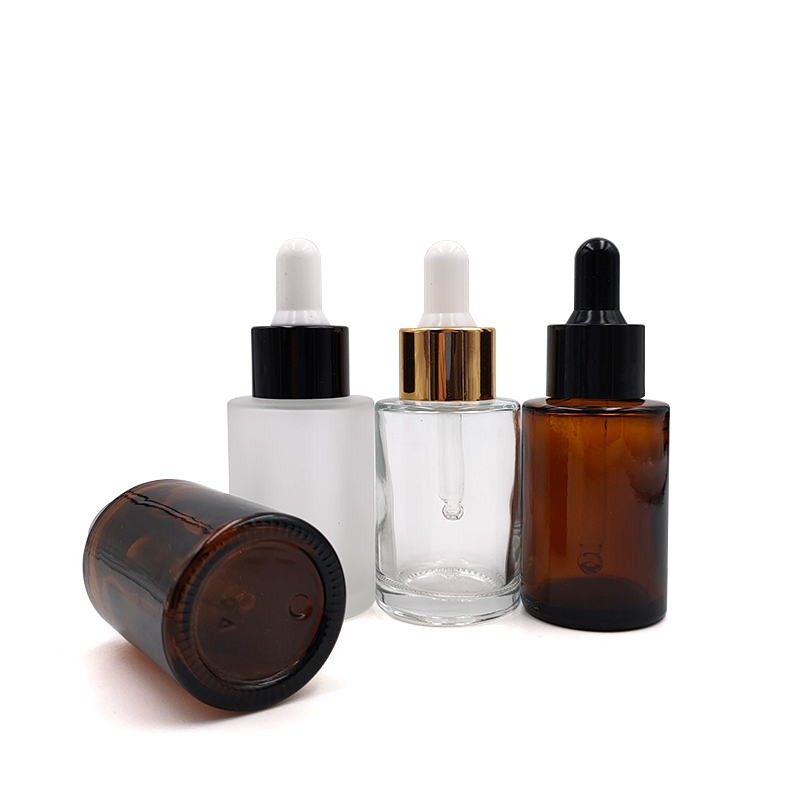Cosmetic packaging 1oz 30ml essential oil bottle flat shoulder frosted glass dropper bottle with black aluminum lid