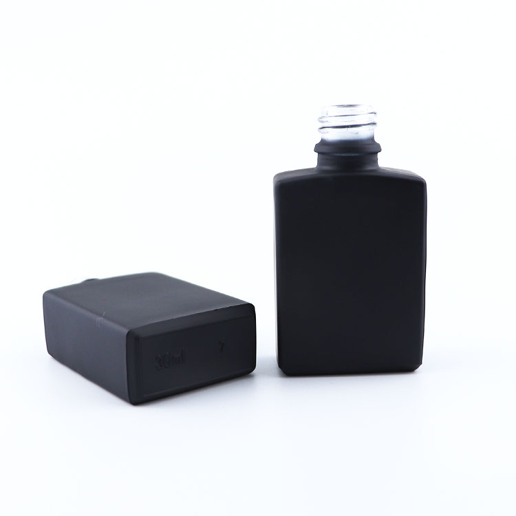 Cosmetic packaging 1oz flat square shape black frosted glass dropper bottle