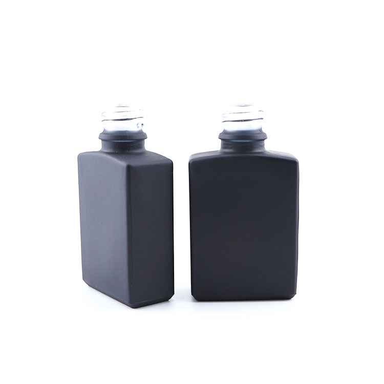 Cosmetic packaging 1oz flat square shape black frosted glass dropper bottle