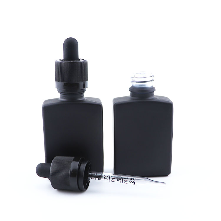 Cosmetic packaging 1oz flat square shape black frosted glass dropper bottle