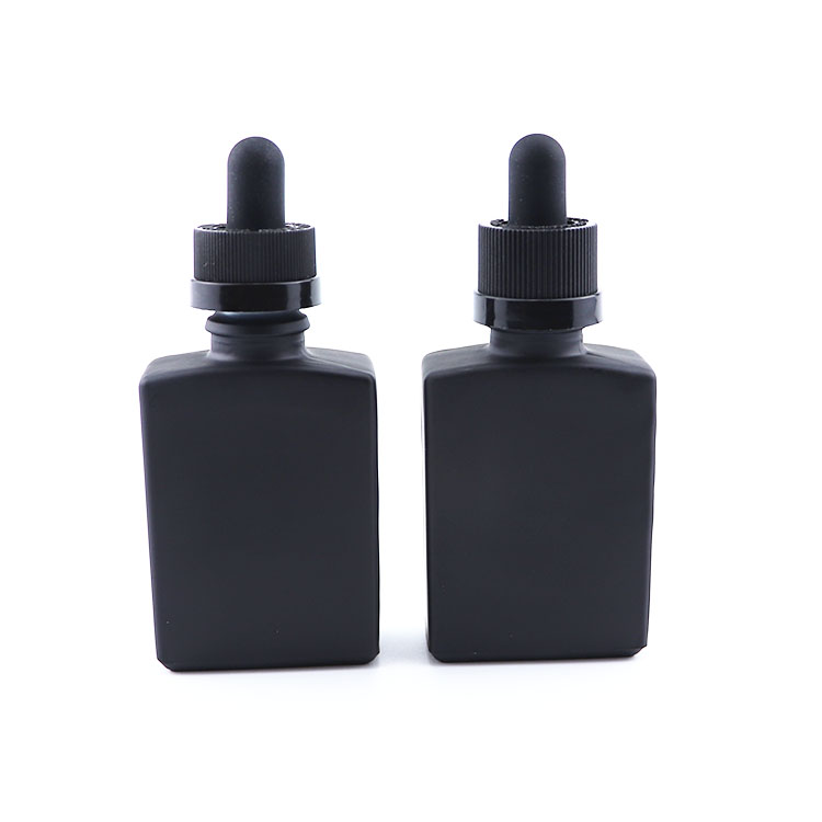 Cosmetic packaging 1oz flat square shape black frosted glass dropper bottle