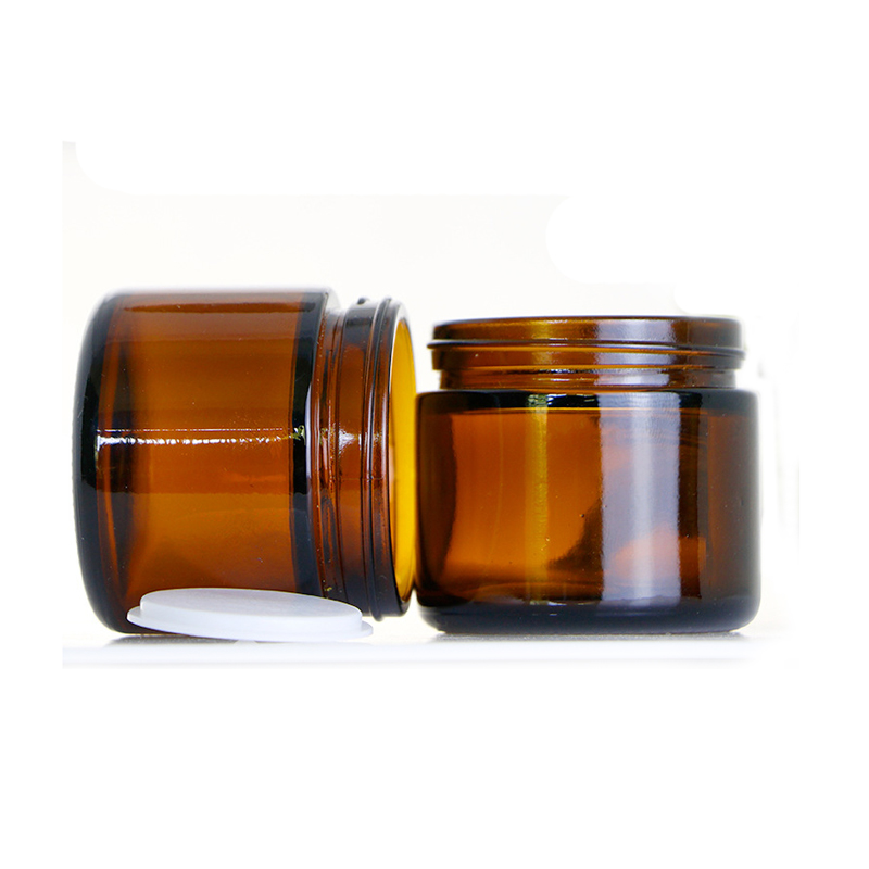 Cosmetic packaging 2oz 4oz 8oz Amber Glass Straight Sided Jars with Black Smooth Lined Caps