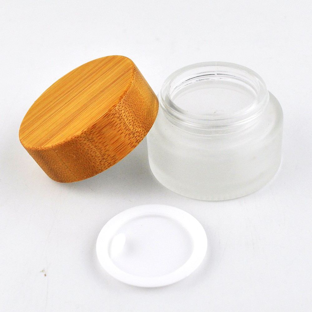 Cosmetic packaging 30ml 50ml 100m 15ml frosted glass jar with bamboo wood lids