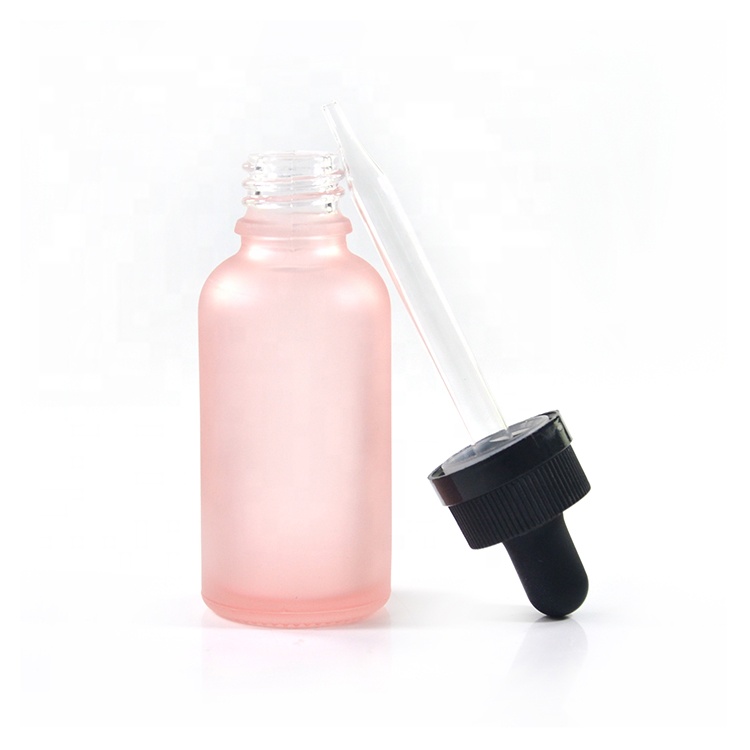 Cosmetic packaging 30ml frosted pink glass cosmetic serum eye dropper bottle with gold aluminium cap