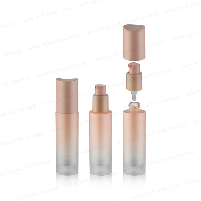 Cosmetic packaging 40ml120ml100ml gradient solid pink color glass empty lotion bottle with injection solid pink pump