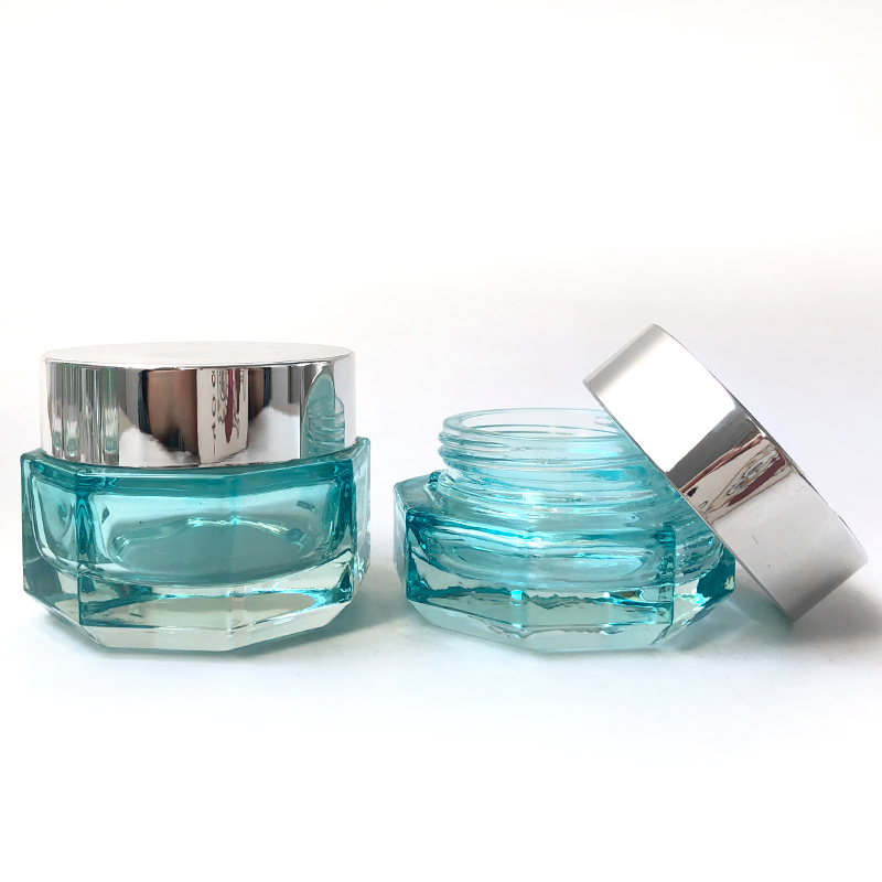 Cosmetic packaging 50g 30g empty hexagon clear thick glass silver lid facial cream jar