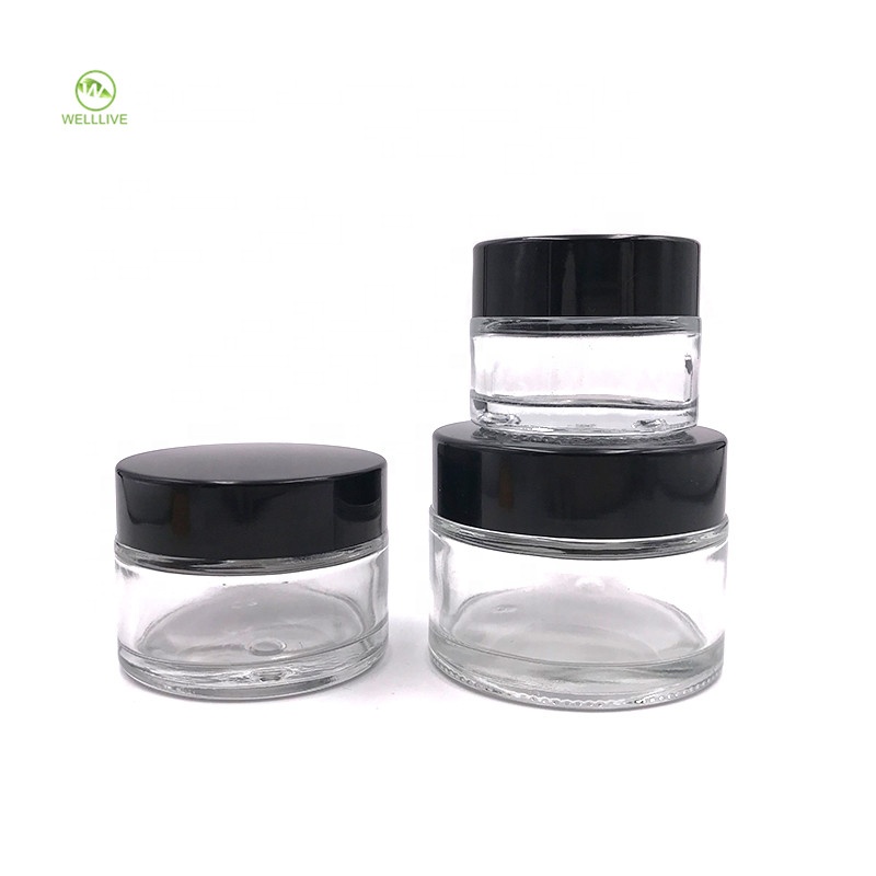 Cosmetic packaging 5g 10g 15g 20g 30g 50g 100g clear glass cream jar with black screw lid